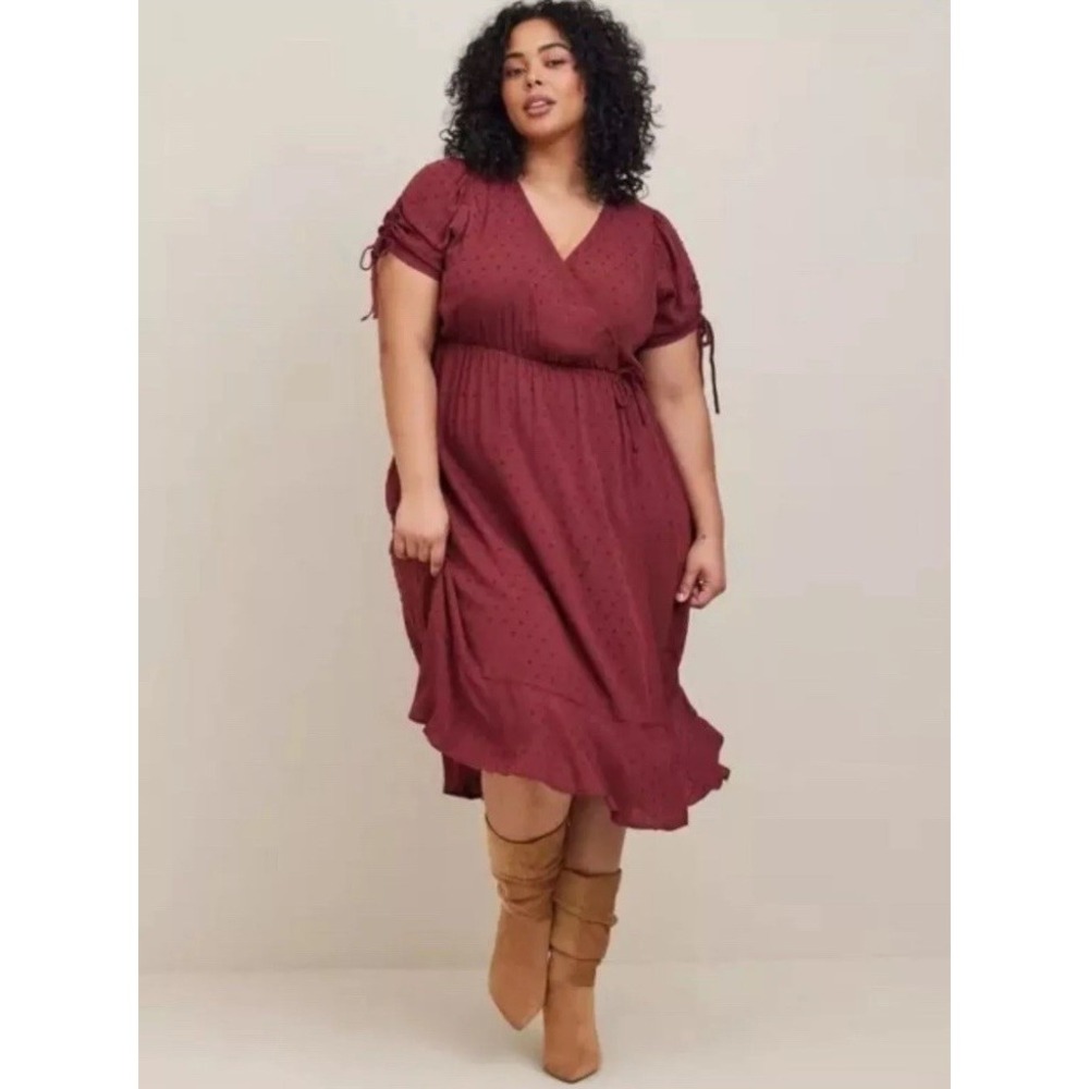 NWT Torrid Midi Swiss Dot Linen Surplice Dress Hi-Lo Maroon Pockets Sz: 1X 14-16